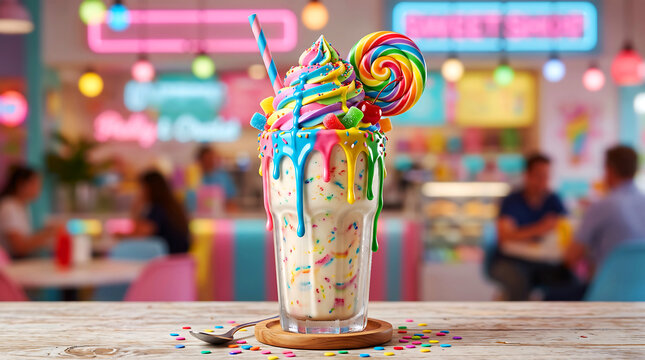 Delicious rainbow milkshake topped with vibrant whipped cream swirling colors and a large spiral lollipop served in a clear glass on a rustic wooden table surface