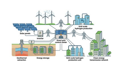 Fototapeta premium Smart Grid Energy System: Renewable Power, Hydrogen Production, Storage, and Transmission