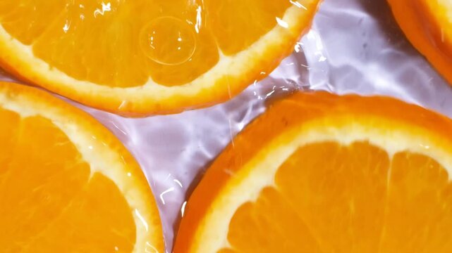 Abstract clean water ripples moving across organic orange slices, overhead view