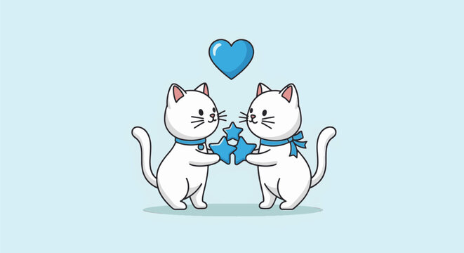 Vector illustration of two white cartoon cats facing each other holding blue stars with a blue heart above on a light blue background, minimalist feline character design.