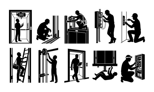 Professional Technician Silhouette Collection Set Featuring Repair Service Workers and Maintenance Engineers Performing Industrial Maintenance Tasks