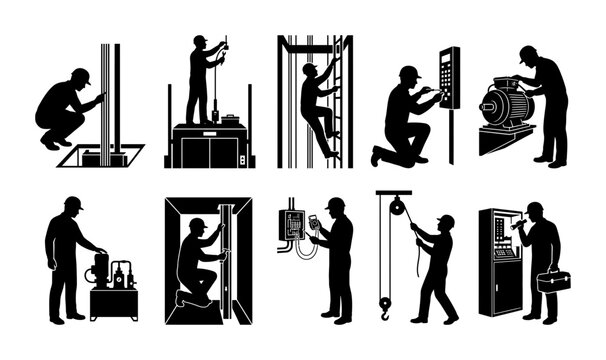 Elevator Technician Silhouette Collection Set Featuring Professional Maintenance Workers and Repair Service Icons