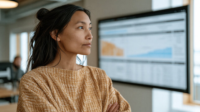 Inuit paralegal trainee in a remote territory legal office examines jury selection analytics visualizations displayed on a wall-mounted screen, demographic charts and case outcome