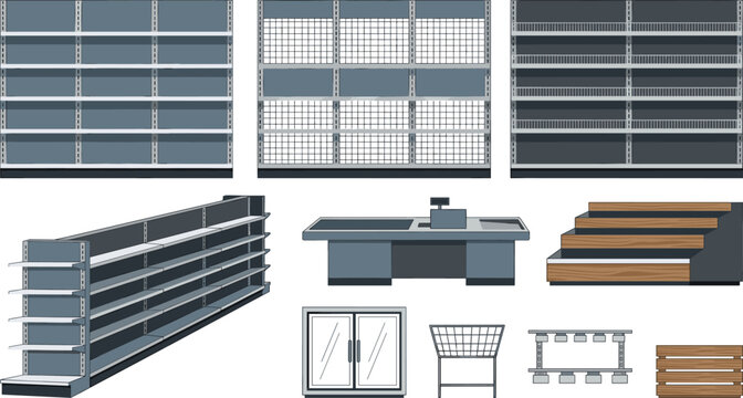 Empty Supermarket Shelves and Grocery Store Retail Equipment Vector Icon Set with Checkout Counter and Displays for Mockups