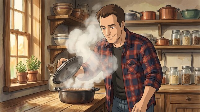 A man in a flannel shirt lifting the lid off a pot in a kitchen