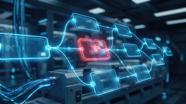 Production bottleneck holographic flowchart stage highlight concept. Futuristic data flow visual with glowing digital connections and nodes in technology center.