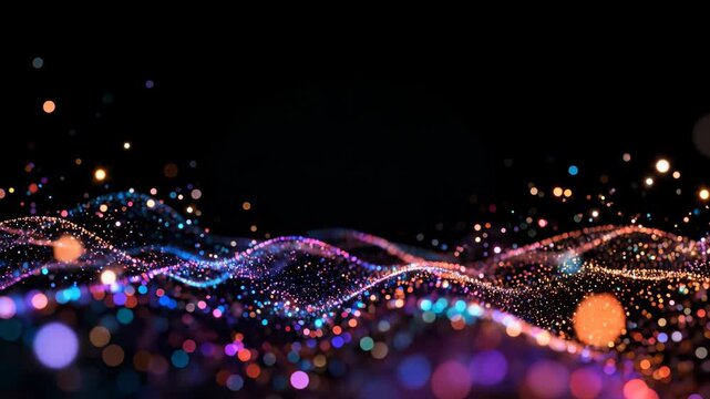 Abstract Digital Particle Waves with Glowing Neon Colors on Black Background for Technology and Science Concepts