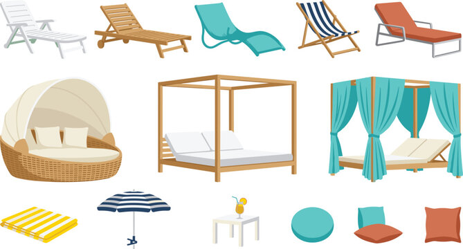Beach Sunbed and Lounger Furniture Vector Icon Set with Canopy Daybeds, Umbrellas, and Pillows for Summer Resort Designs