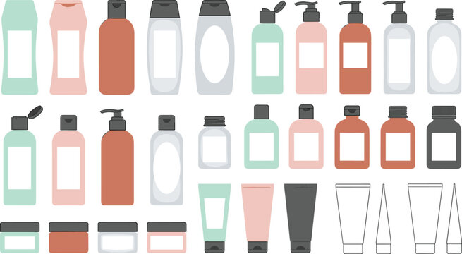 Cosmetic Bottle and Tube Packaging Vector Icon Set with Pump Bottles, Creams, and Lotions for Beauty Product Mockups