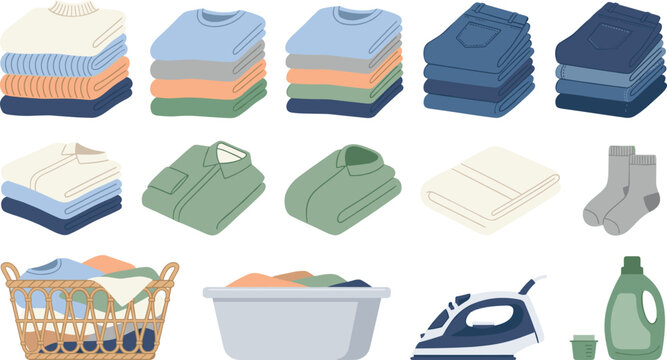 Folded Clothes and Laundry Service Vector Icon Set with Stacked Sweaters Jeans Shirts Detergent Basket and Iron Elements