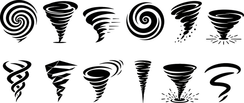 Set of black and white tornado, cyclone, and whirlwind