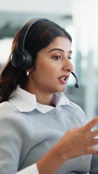 Telemarketing, talk and agent with headset in call center for policy pitch, benefits and coverage. Lead generation, woman and contact outbound client for insurance cover, explain terms and consulting