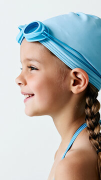 Young Child Wearing Blue Swim Cap Smiling Side Profile Close Up Studio Portrait