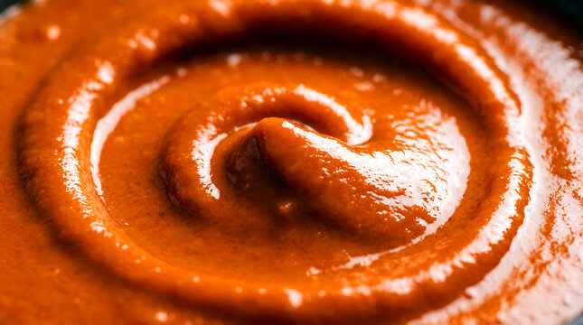 Close up macro shot of thick orange tomato sauce swirled in a circular motion showing smooth glossy texture and vibrant colors under warm natural lighting