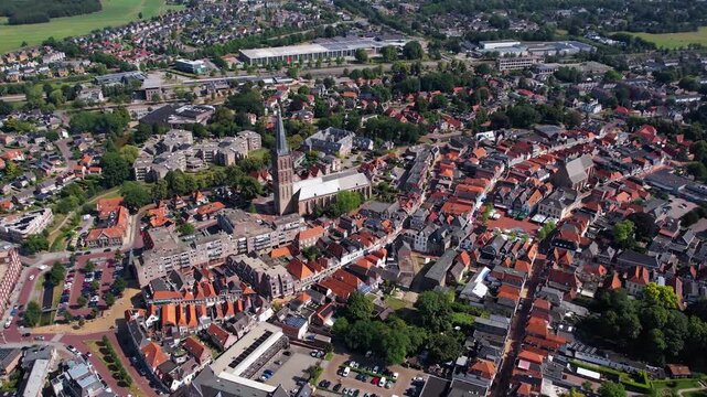 A panoramic aerial view beside the old town above the city Steenwijk in the netherlands on a sunny late summer day
