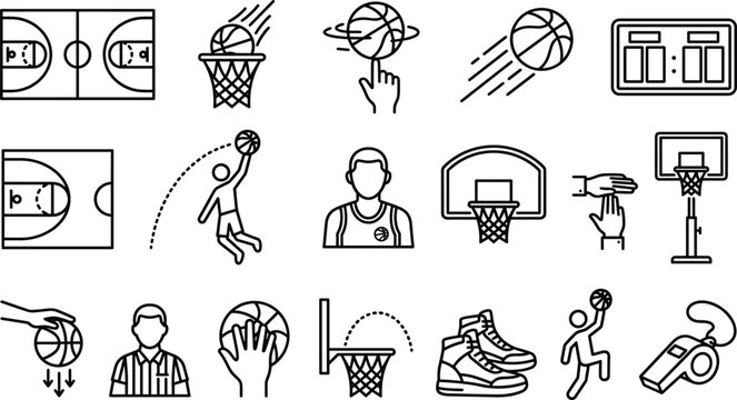 Basketball game and sports training line icon set with player court hoop referee and equipment vectors