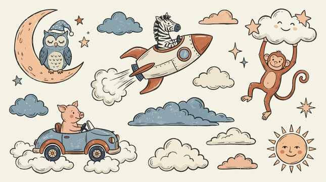 Adorable Hand Drawn Nursery Sky Clipart Collection Featuring Cute Animals Moon Clouds Rocket Ship and Playful Characters for Kids Baby Room Decor and Creative Scrapbooking Design Projects
