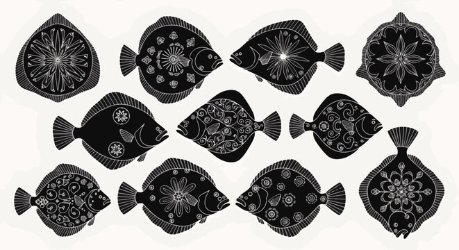 Set of black flounder fish silhouettes with white intricate mandala, floral, and spiral patterns; decorative flatfish illustrations isolated on a plain off-white background.