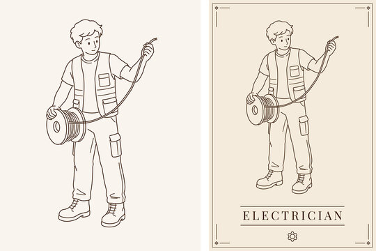 Professional electrician inspecting electrical cable spool in clean outline illustration