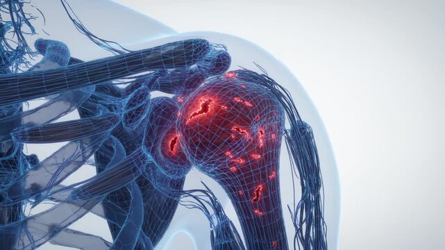Anatomy of human shoulder joint pain, 3D medical animation showing joint inflammation and bone damage. Digital skeletal model illustrating injury, arthritis, and orthopedic clinical diagnostics.