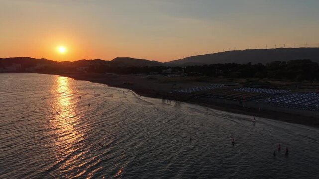 Ulcinj, Montenegro - Jun 29 2026: Aerial video of beaches and the sea during sunset golden hour