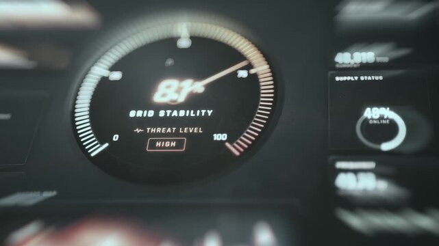 Grid stability gauge indicating 82 percent with elevated threat level