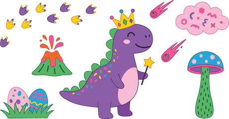 Cute cartoon dinosaur king doodle vector set with volcano eggs footprint mushroom and meteor elements © Lipon
