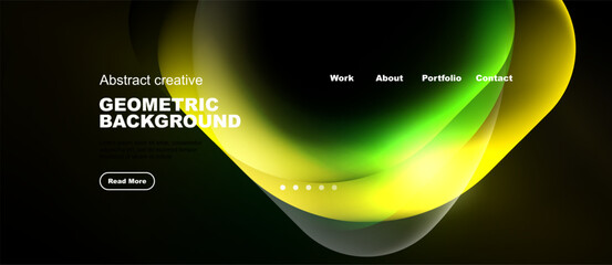 Naklejka premium Abstract design features vibrant yellow, green gradients. Dark background highlights text, navigation elements. Modern aesthetic.