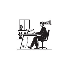 Fototapeta premium Man working on laptop with headset at home desk