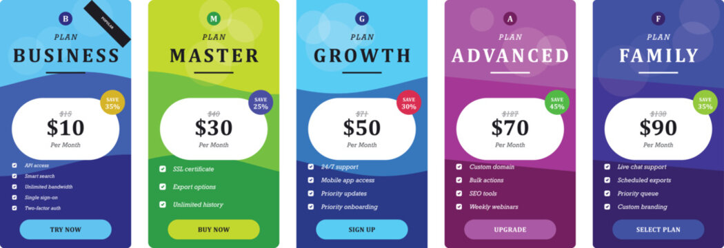 Diverse business plan options with varying prices, features, and per-month costs for different needs.