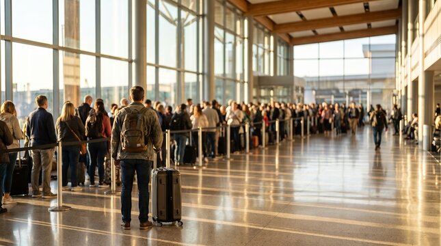 Crowded airport terminal with diverse travelers waiting in line