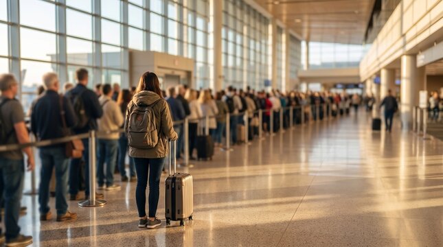 Long airport queue with diverse travelers and luggage in sunlit terminal