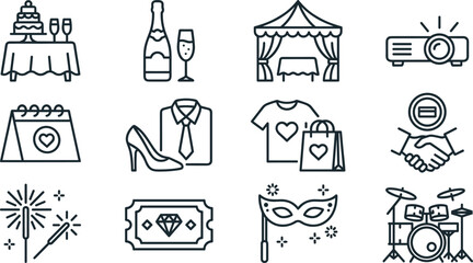 Event planning and wedding celebration line icon set with champagne cake tent mask and music vectors © Lipon