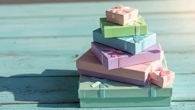 Stack of colorful gift boxes on blue wooden planks.