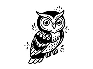Fototapeta premium Tattoo Style Owl Illustration: A stylized, graphic illustration of an owl in a bold, black and white tattoo art style, featuring intricate feather details and expressive eyes.