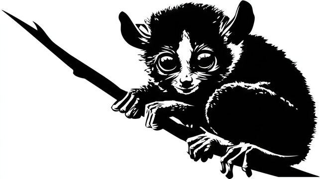 Graphic representation of a small primate with large eyes clinging to a slender branch