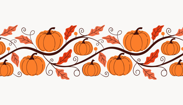 Autumn, pumpkin, vine, leaves, border, vector, orange, seasonal, harvest, decoration