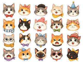 Fototapeta premium Diverse cat breeds collection, group of thirteen different pedigree cats on white background, feline variety set for veterinary and pet care marketing