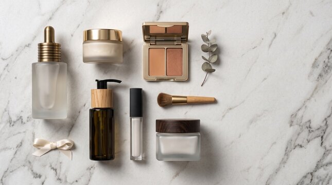 Elegant flat lay of high-end skincare and makeup products on a white marble background, including serum, cream, compact, and brush.