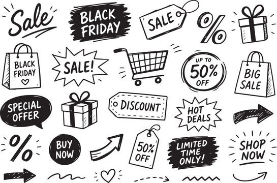 Set of black friday sale hand drawn doodle icons and shopping elements Vector