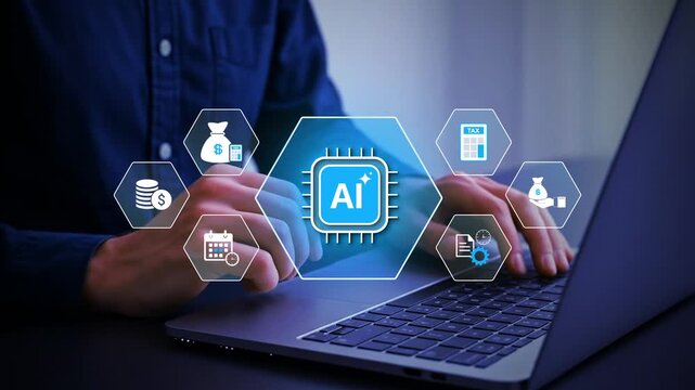 Innovative Financial Management through Artificial Intelligence with Iconic Elements Representing Money, Time, Taxes, and Data Analysis. Bitwise.