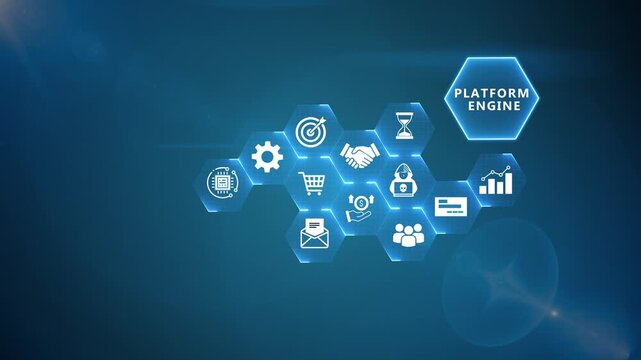 Platform Engine Infographic Animation with Business Technology Icons and Digital Enterprise Network on Blue Background 4k visuals