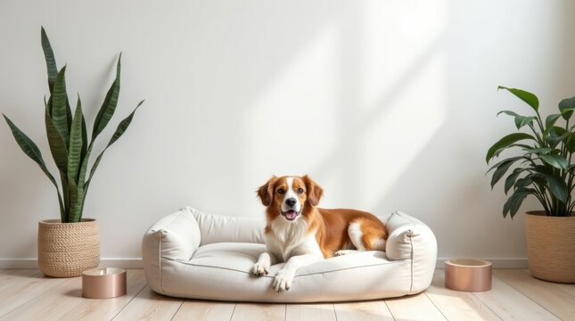 Rinc&oacute;n minimalista para mascotas que incluye una elegante cama para perros y cuencos de cer&aacute;mica