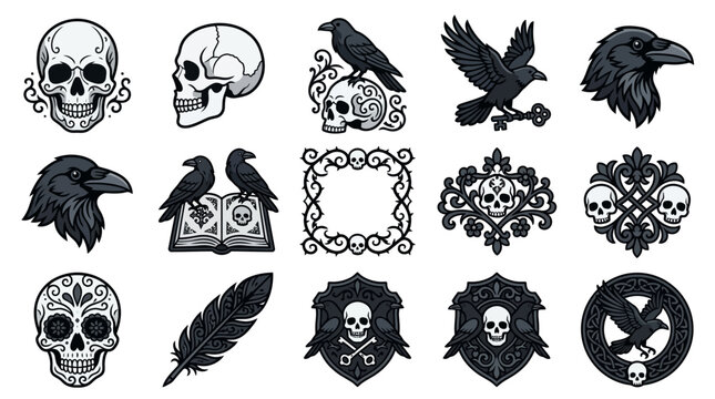 Gothic Skull and Raven Pixel Art Icons