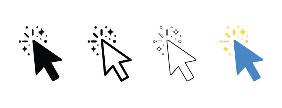 Computer mouse cursor icons with sparkling effects on white background