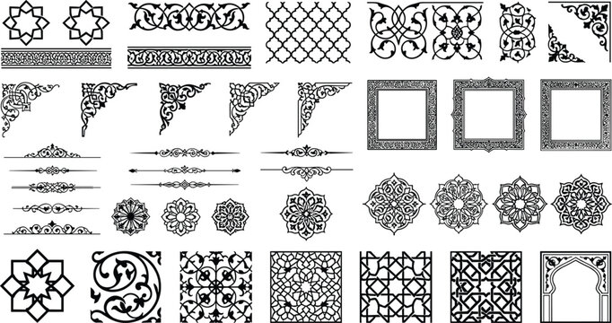 Islamic arabic architectural ornament silhouette vector set featuring isolated traditional geometric patterns borders frames corners mandalas arch and dividers