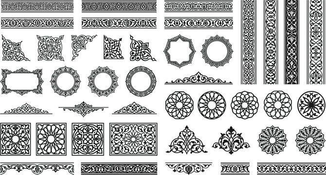 Islamic arabic architectural ornament silhouette vector set featuring isolated traditional geometric patterns borders seamless frames corners and ornate mandala elements