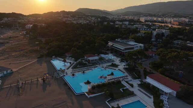 Ulcinj, Montenegro - Jun 29 2026: Azul Beach Resort, Aerial shot of a luxury hotel and pools on the beach at sunset