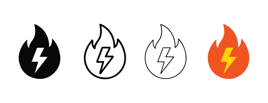 Fire flame with lightning bolt icon set in different colors  black white and orange