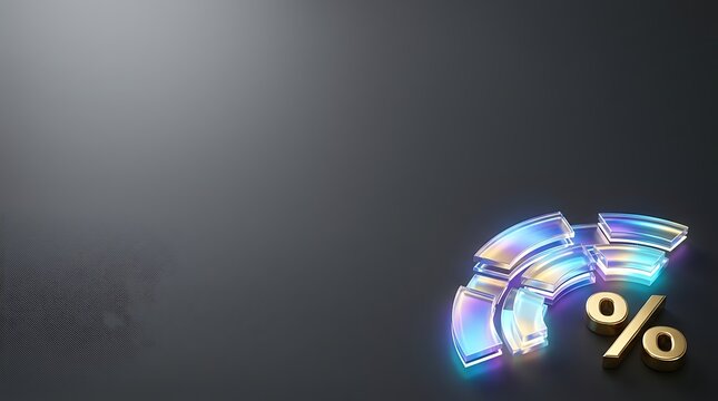 Percentage sign with glowing glass arcs on a dark textured background for financial business concepts